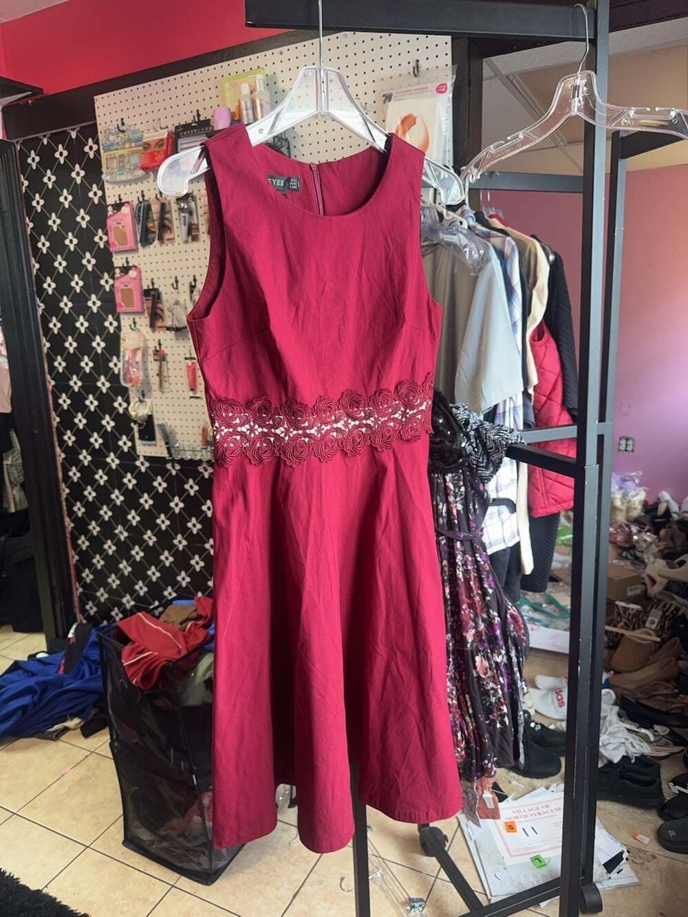 HOMEYEE Women's Sleeveless Floral Lace Waist A-Line Dress Burgundy Size US 8